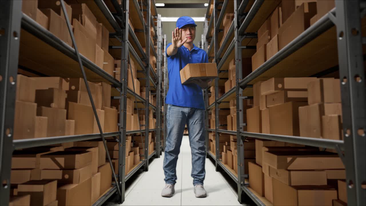 파란 유니폼을 입은 아시아 남성 택배사의 몸이 가득 차 있습니다. 창고에 상자를 배달하는 동안 멈추는 몸짓을 하고 머리를 흔들고 있습니다.