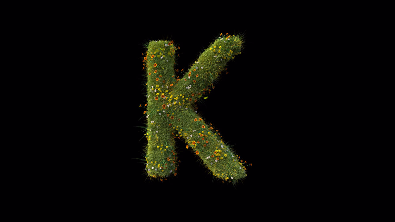 Lettera K: erba e fiori che crescono su sfondo nero