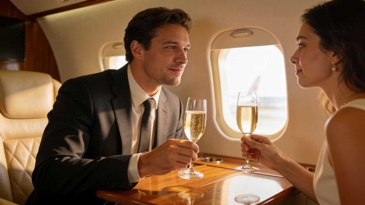 Video verticale: Uomo in abito e donna in vestito che alzano i flûte e brindano al tavolo di un jet, celebrando un viaggio.