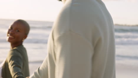 Happy,-beach-and-couple-love-ocean-walking