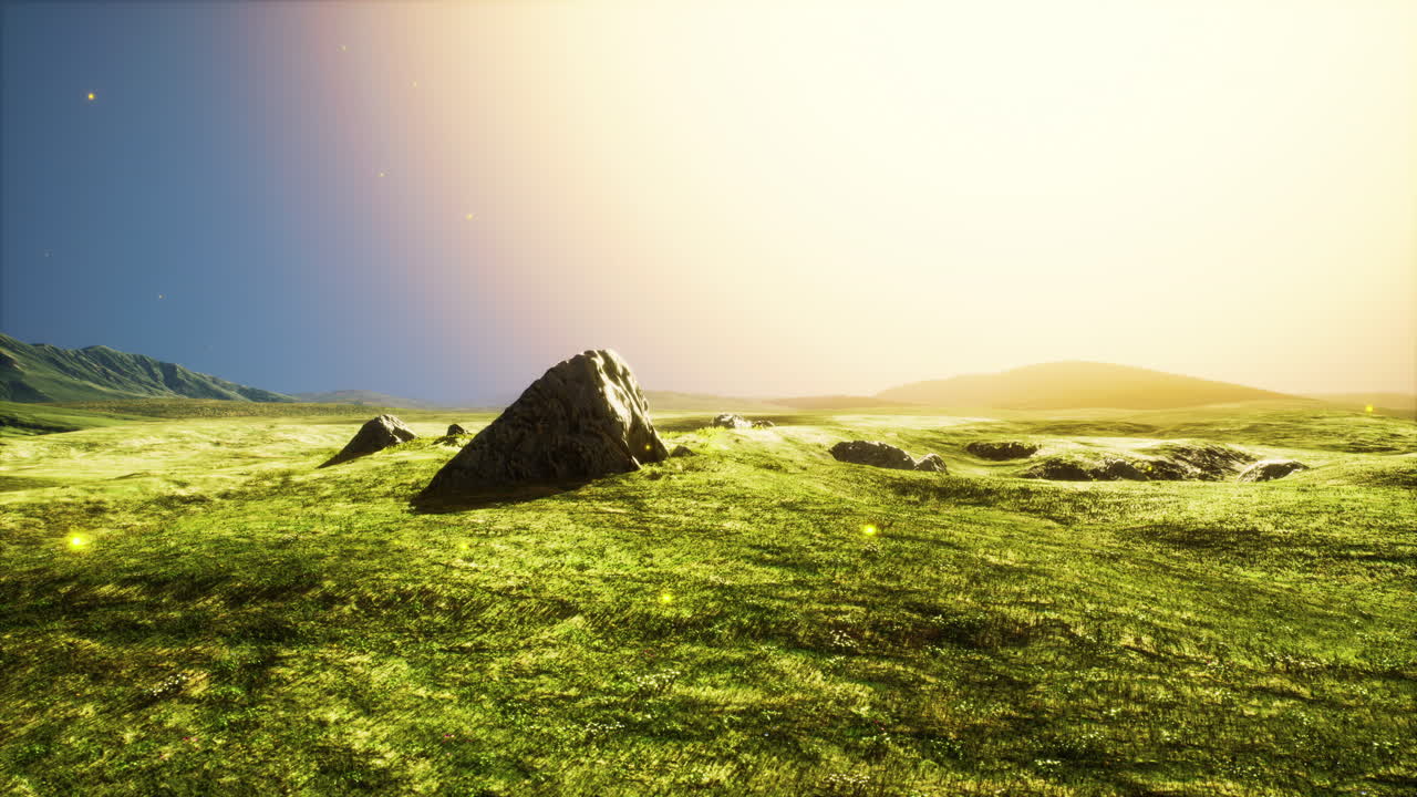 해가 지는 산의 풍경과 필드의 전면에 있는 톤