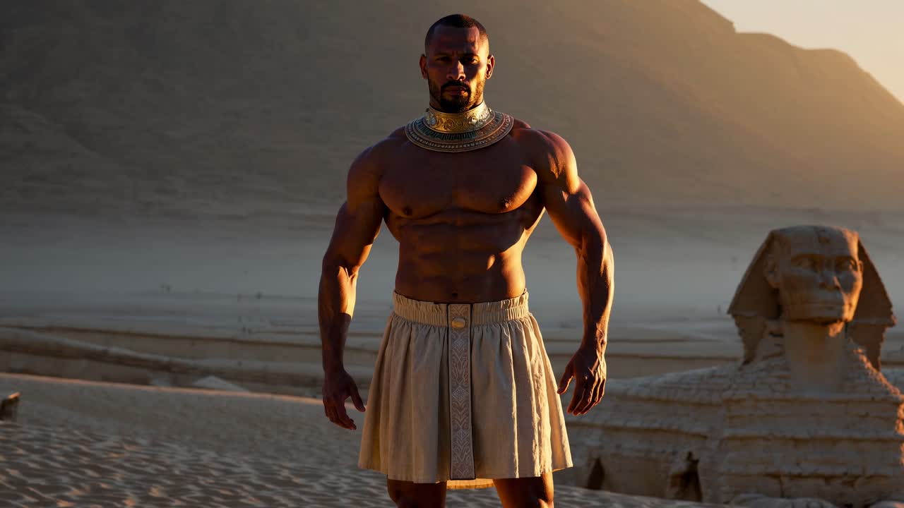 Un uomo muscoloso in abiti dell'antico Egitto si erge in un deserto con una sfinge sullo sfondo.