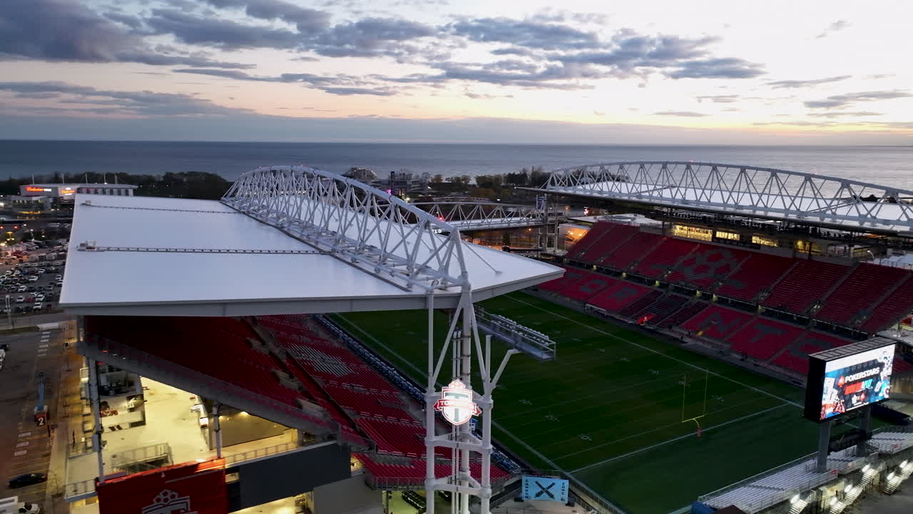 Aerial flight over the empty BMO Field in Toronto