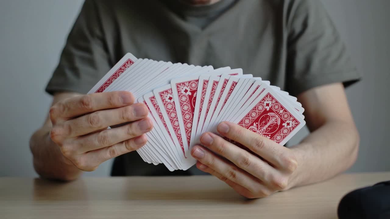 Uomo con maglietta verde oliva che crea un ventaglio spargendo un mazzo di carte rosse sul tavolo, accanto a un piccolo oggetto.