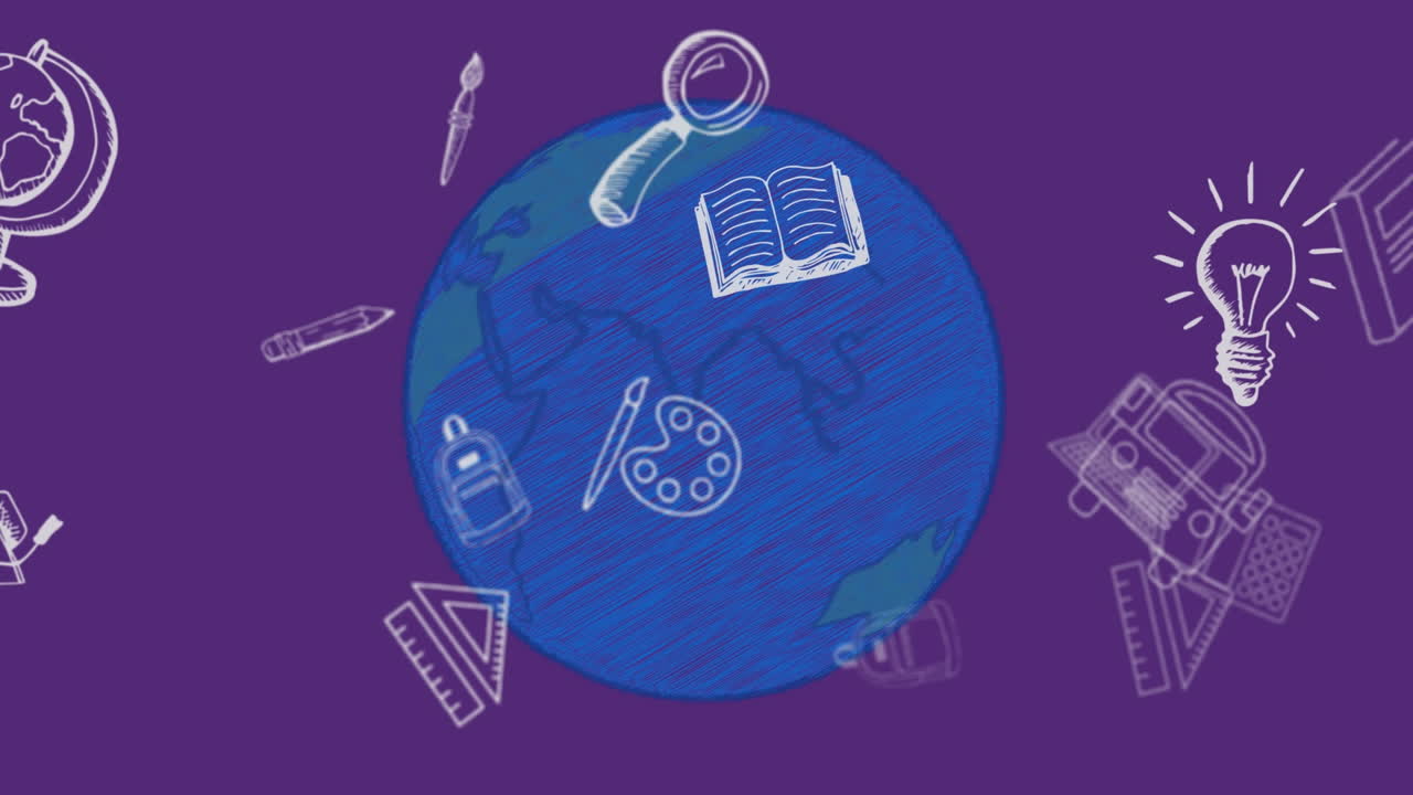 animación de iconos escolares flotando sobre un globo azul y un fondo púrpura