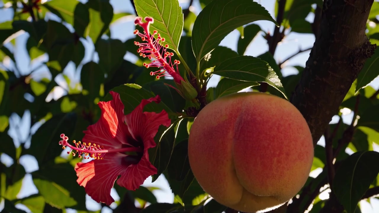 Moden fersken som henger ved siden av en rød hibiskusblomst på et tre