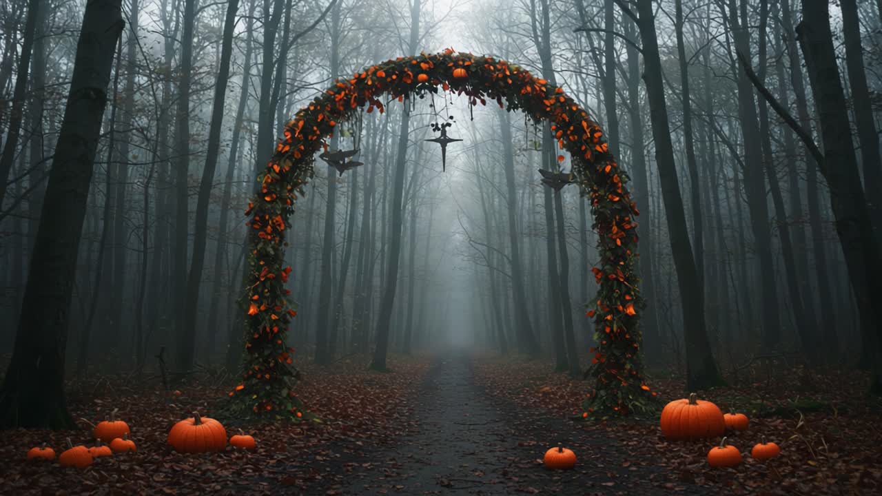 Mysterious Pumpkin Archway: A Spooky Journey Through a Fog-Laden Forest with Festive Decorations Inviting You to Embrace the Autumn Spirit