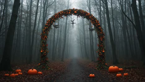 mysterious pumpkin archway: a spooky journey through a fog-laden forest with festive decorations inviting you to embrace the autumn spirit