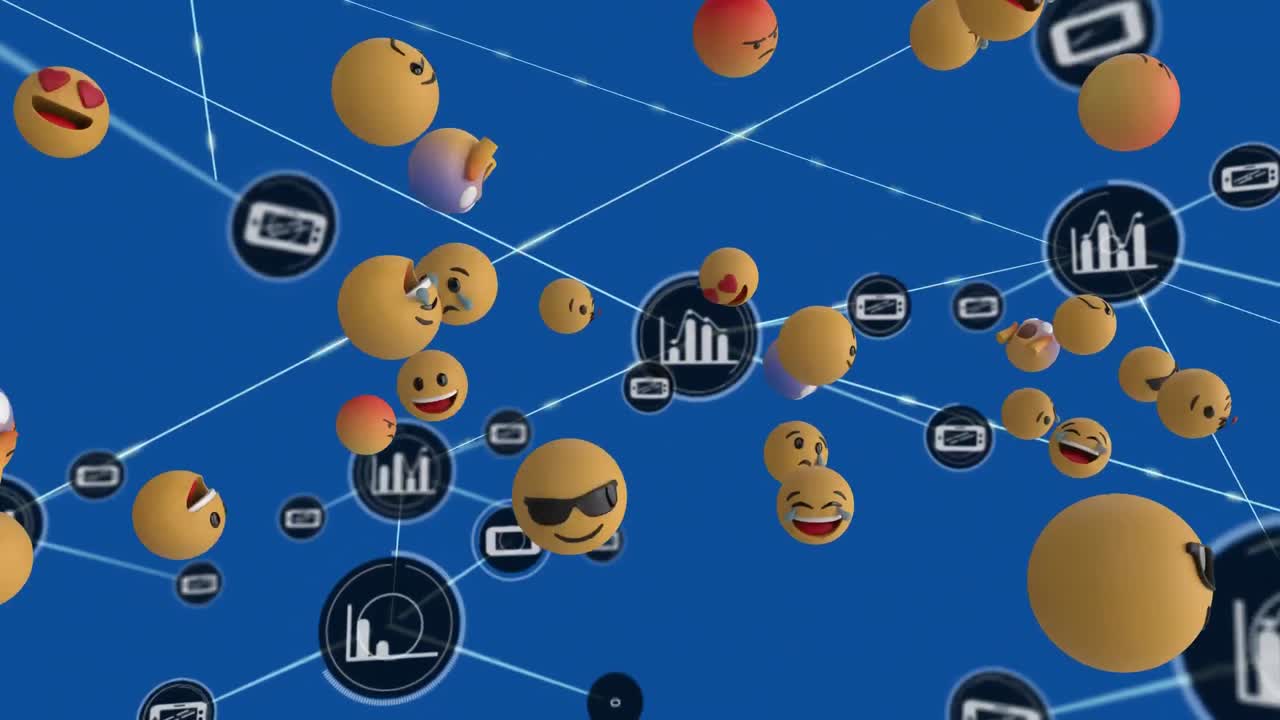 animación de las conexiones de red con iconos de estadísticas y emojis