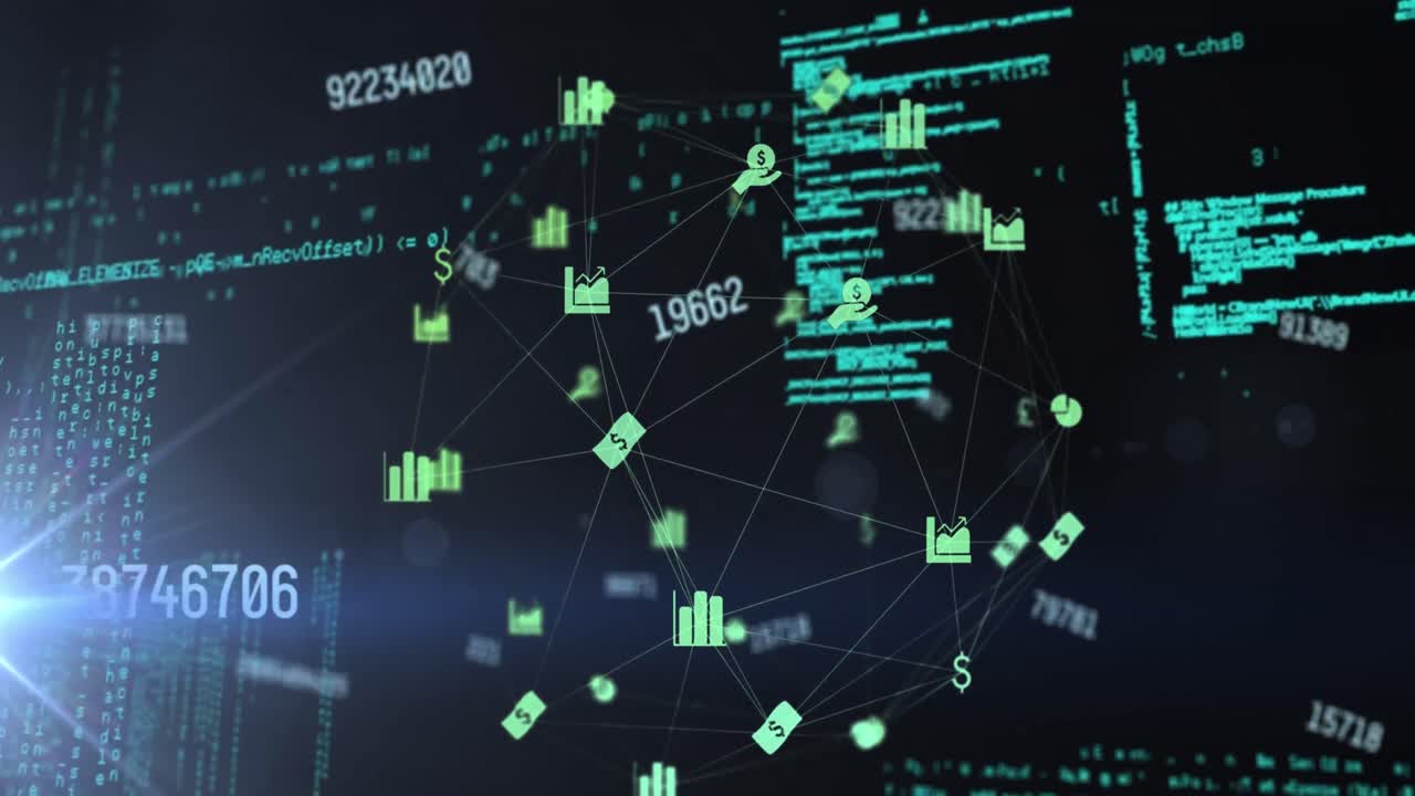 Animation of data processing over network of connections with icons