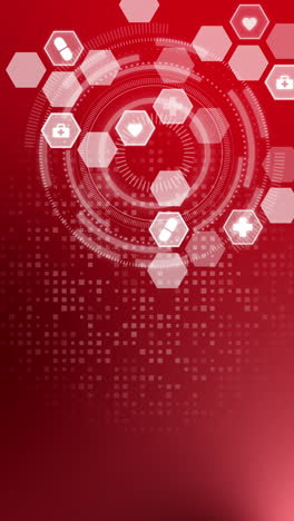 red looped technology background with medical symbols in hexagons. copy space. vertical video.