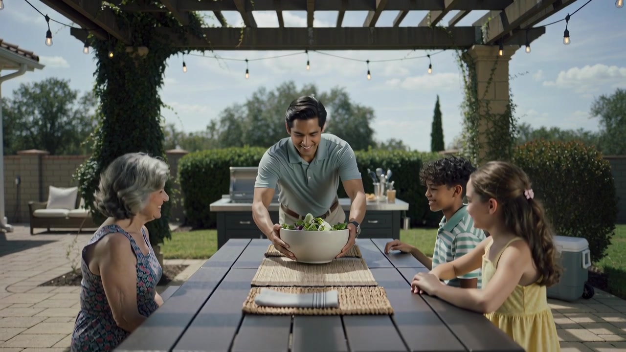 Picking up large salad bowl, man walking from island toward backyard picnic table, serving family