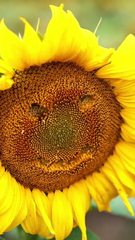 nice sunflower in blossom in the agricultural field. funny face made from a flower. close up. blurred backdrop. vertical video