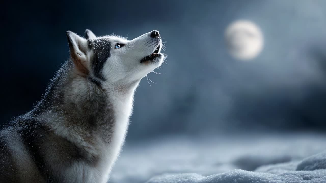 A majestic wolf howls under the luminous moonlight, embodying the spirit of wilderness and freedom, surrounded by a snowy landscape, showcasing the beauty of nature in a tranquil night setting