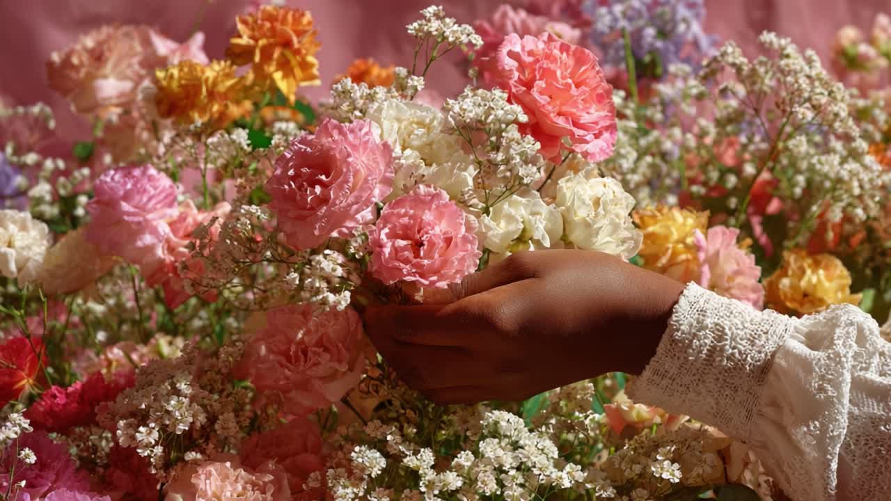 Capturing Nature's Beauty: A Lush Arrangement of Colorful Flowers and Delicate Hands, Showcasing the Art of Floral Design and the Serenity of Floral Arrangements