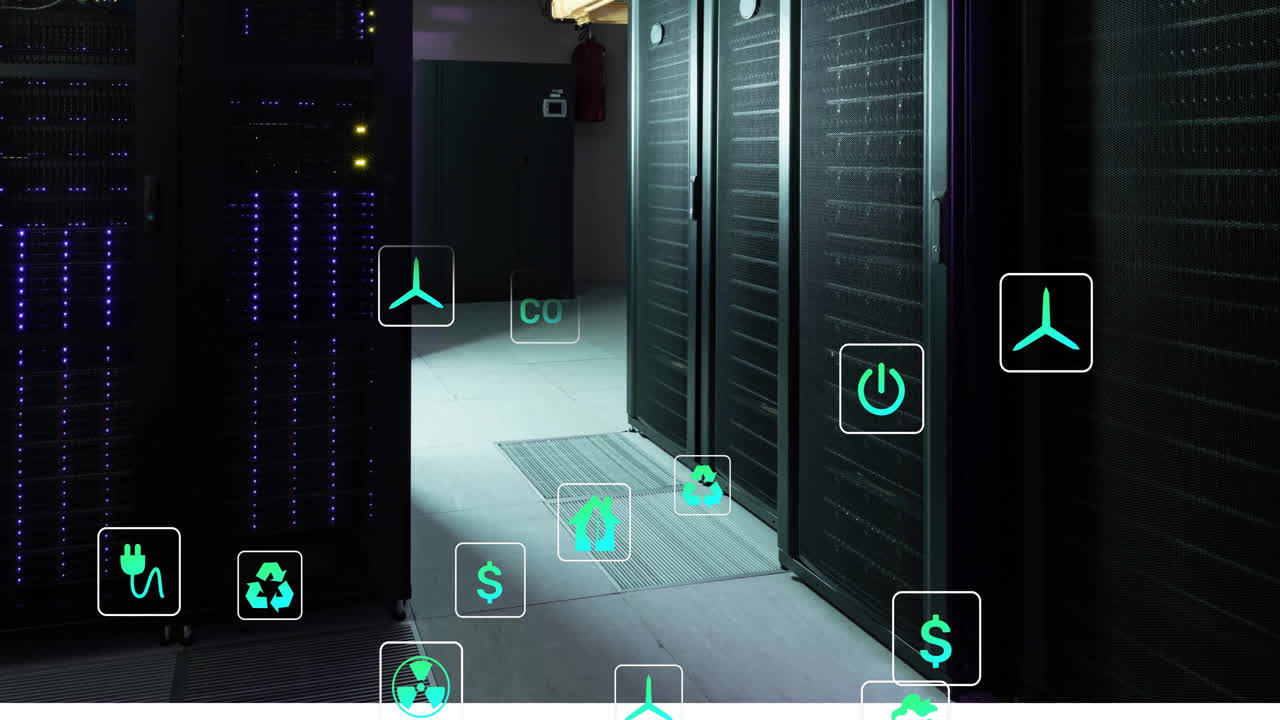 animación de iconos ecológicos y procesamiento de datos a través de servidores informáticos.
