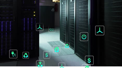 Animation-of-eco-icons-and-data-processing-over-computer-servers