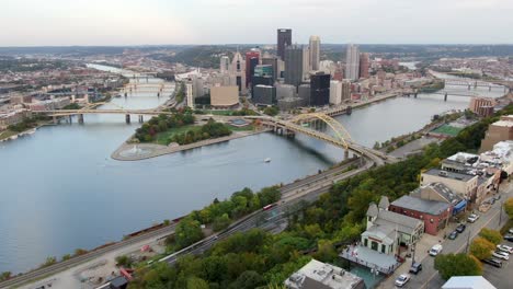 cinematic aerial establishing shot of downtown pittsburgh pa, usa, shot above mount washington during autumn magic hour, three rivers