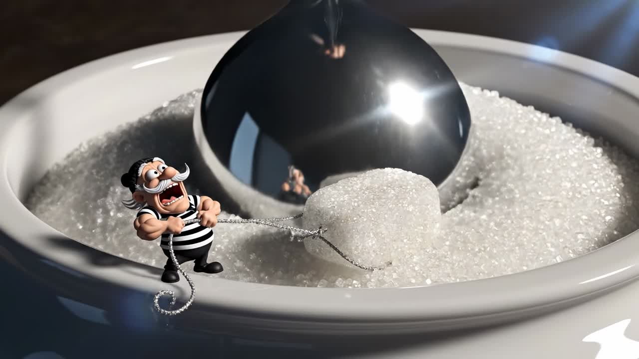 Humorous Animation of Cartoon Character Pulling Sugar Cube from Bowl