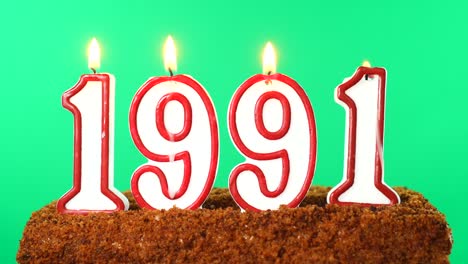 cake with the number 1991 lighted candle. last century date. chroma key. green screen. isolated