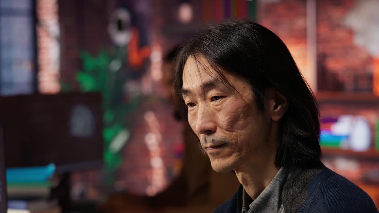 ai에 초점을 맞춘 스타트업의 cto 매니저가 커피를 마시고, 음악을 듣고, 클로즈업