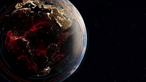 Planet earth view from space with main smart city capital illuminated at night and red network connection