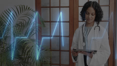 animation of cardiograph over happy biracial female doctor with tablet