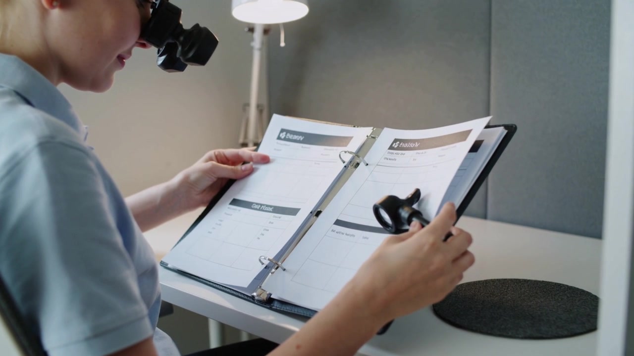 Opening binder, clinician inspecting forms at clinic desk with loupe and head magnifier, copy space