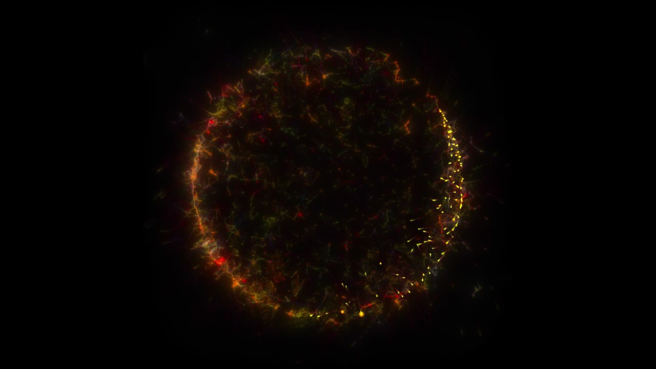 Seamless loop. Animation of a yellow circle portal, consisting of particles and bursts of energy, isolated on black background with alpha luma matte VFX CG 4k. Space door. Constellations. Galaxy.