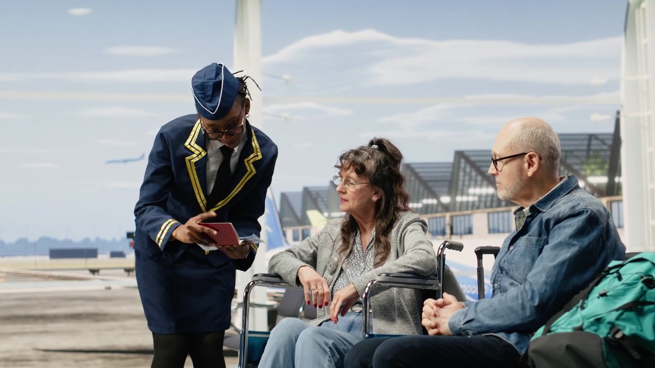 Smiling cabin crew member assisting elderly passenger with mobility aid