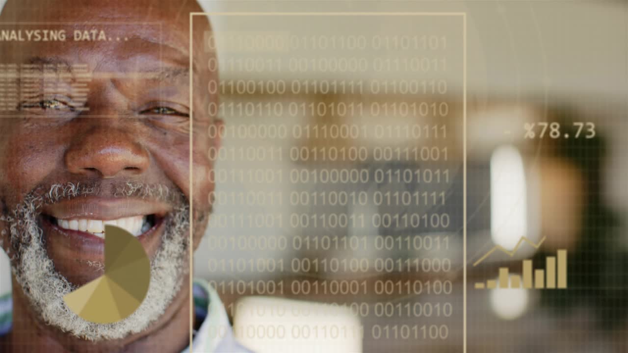 Senior man smiling moving head camera opening initiating HUD showing percent, bars, binary for tech