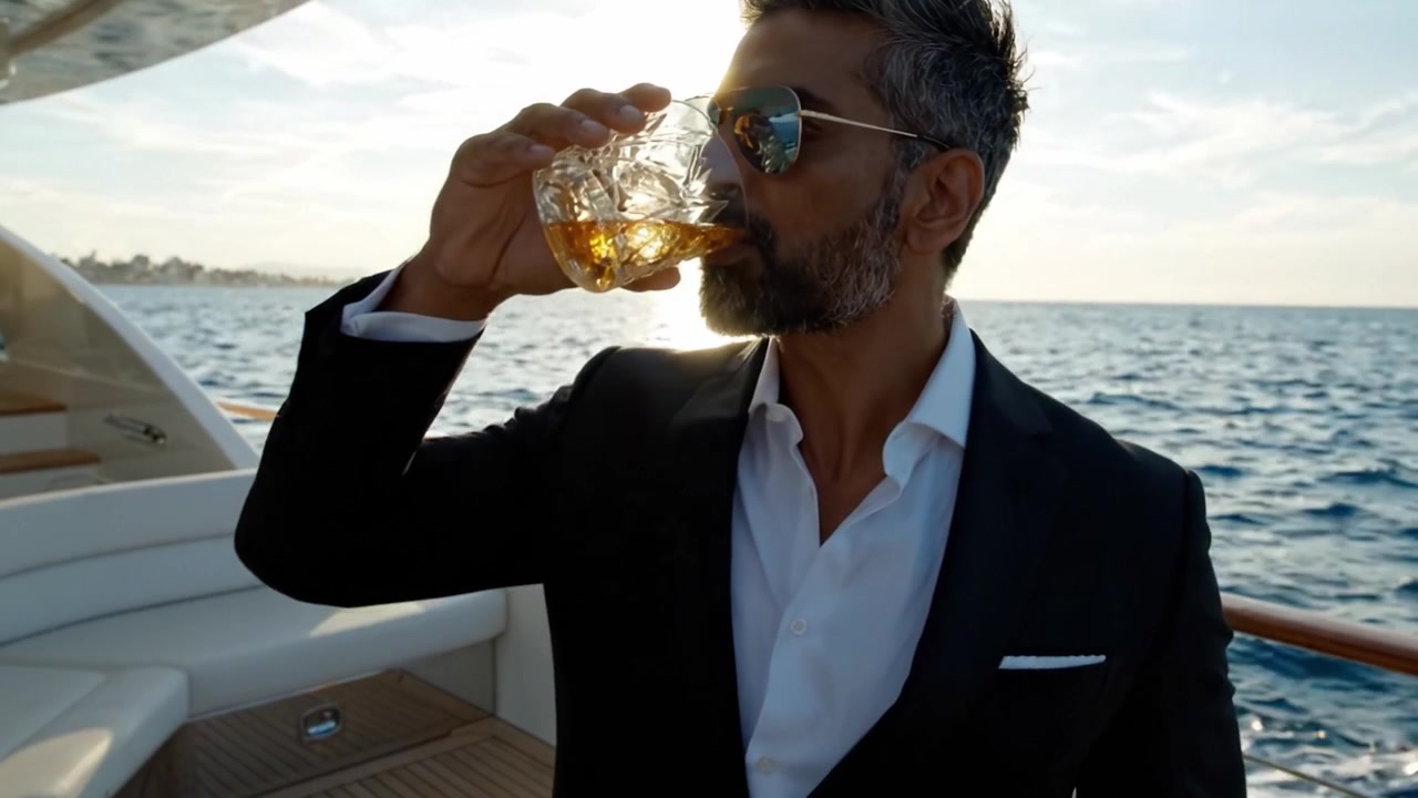 Un hombre sofisticado disfrutando de un vaso de whisky mientras se relaja en un yate de lujo bajo una impresionante puesta de sol y una pintoresca vista al mar.