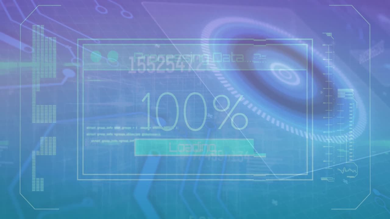 Animation of interface with data processing over round scanner against blue gradient background