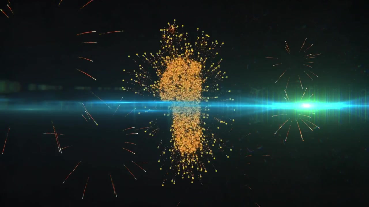 Animazione di fuochi d'artificio e conto alla rovescia su sfondo nero.