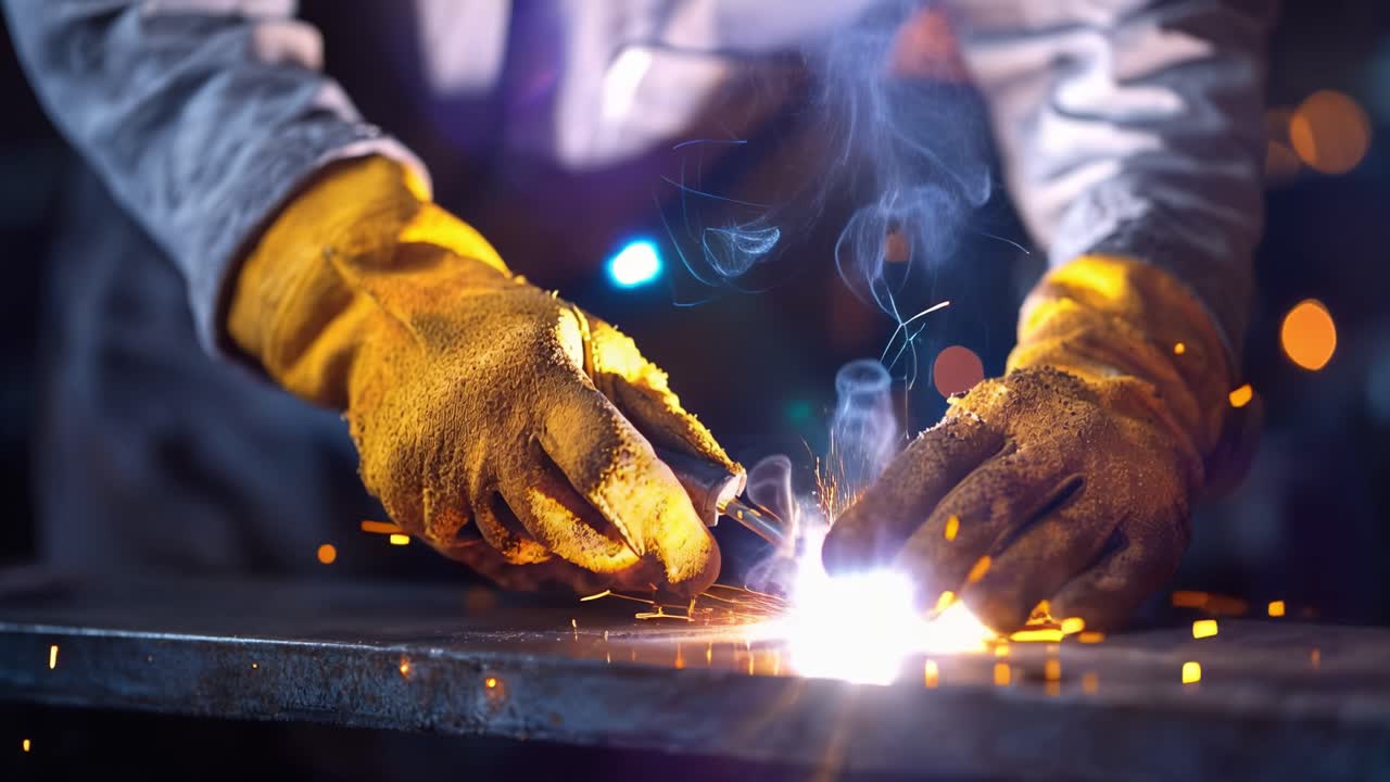 A skilled craftsman expertly performs metal welding, showcasing precise techniques and vibrant sparks illuminating the workspace in this captivating industrial scene