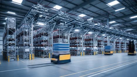 modern warehouse with moving forklifts and storage racks
