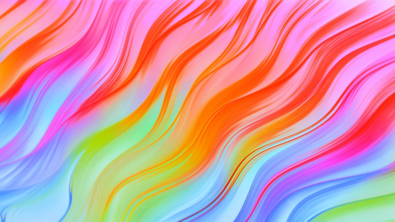 Nastri diagonali di colore vivido scorrono dall'alto a sinistra verso il basso a destra, mostrando curve morbide, spessore della banda variabile, sottile separazione, sfumature setose, sottili striature e movimento a strati