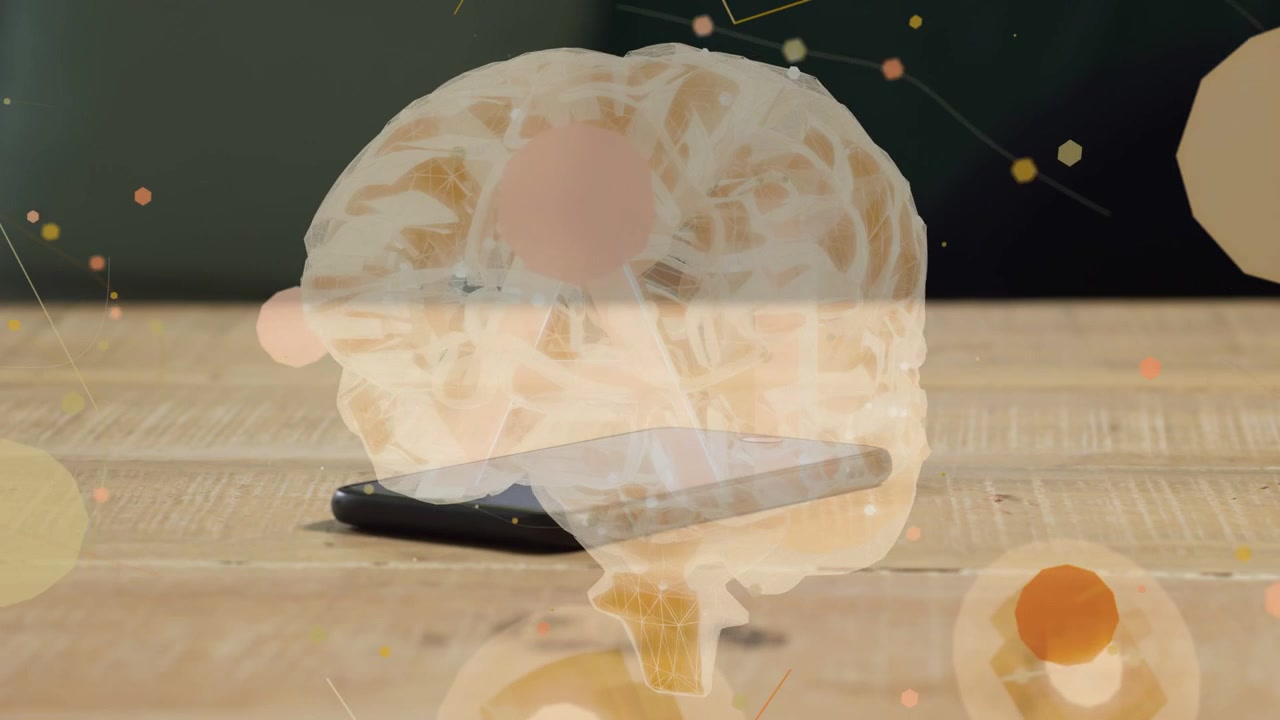 Overlay appearing on phone, translucent brain drifting while bokeh connecting nodes showing network