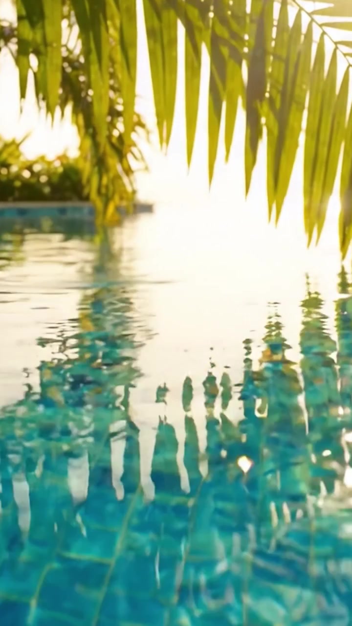 Serene Poolside Escape: A Tranquil View of Lush Greenery and Reflective Water Under Golden Sunshine