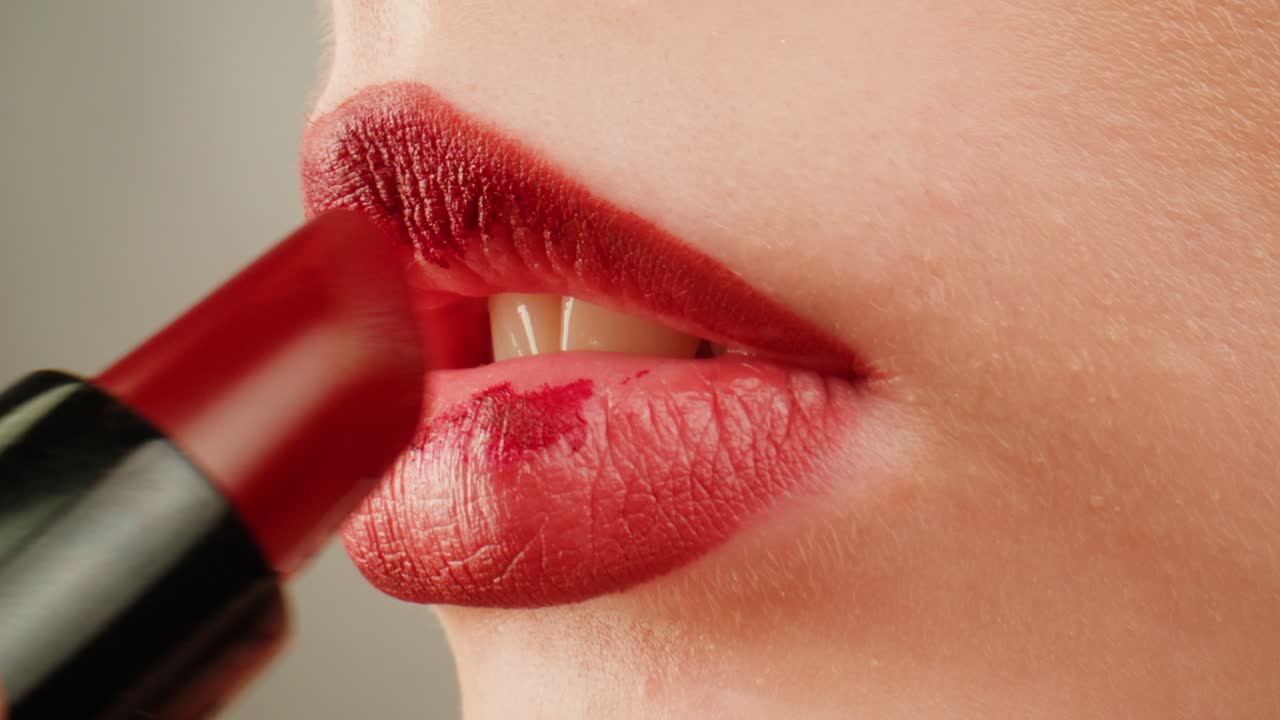 mujer aplicar lápiz labial rojo