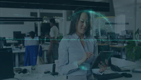 animation of data processing and globe over diverse business people in office