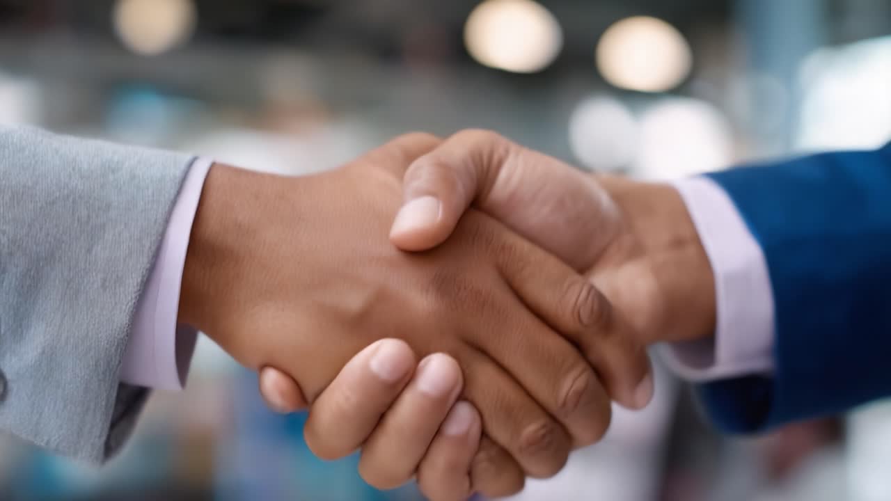 Two individuals engaging in a firm handshake, symbolizing trust, cooperation, and agreement in a professional or business context, reflecting positive interactions
