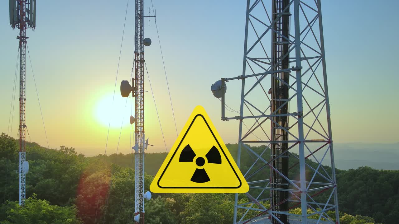 Engineer climbing radio tower with electromagnetic radiation hazard sign animation