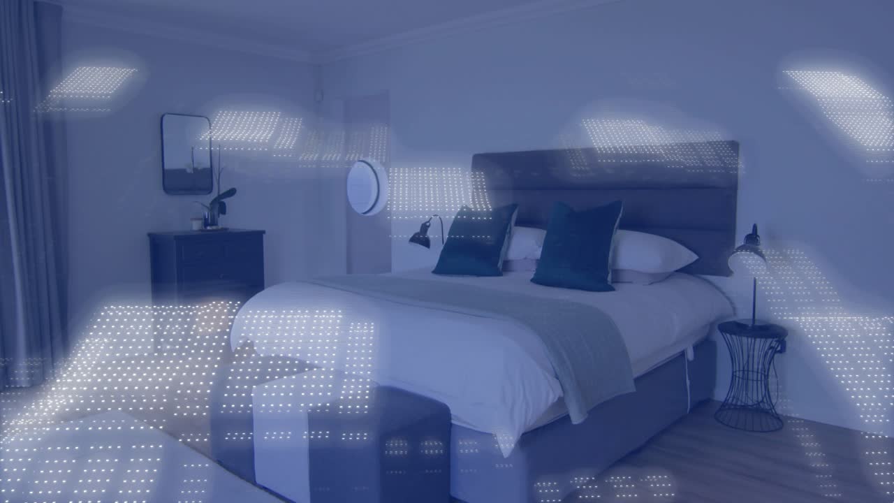 Translucent layer appearing, glowing dot clusters drifting downward over bed, showing data overlay