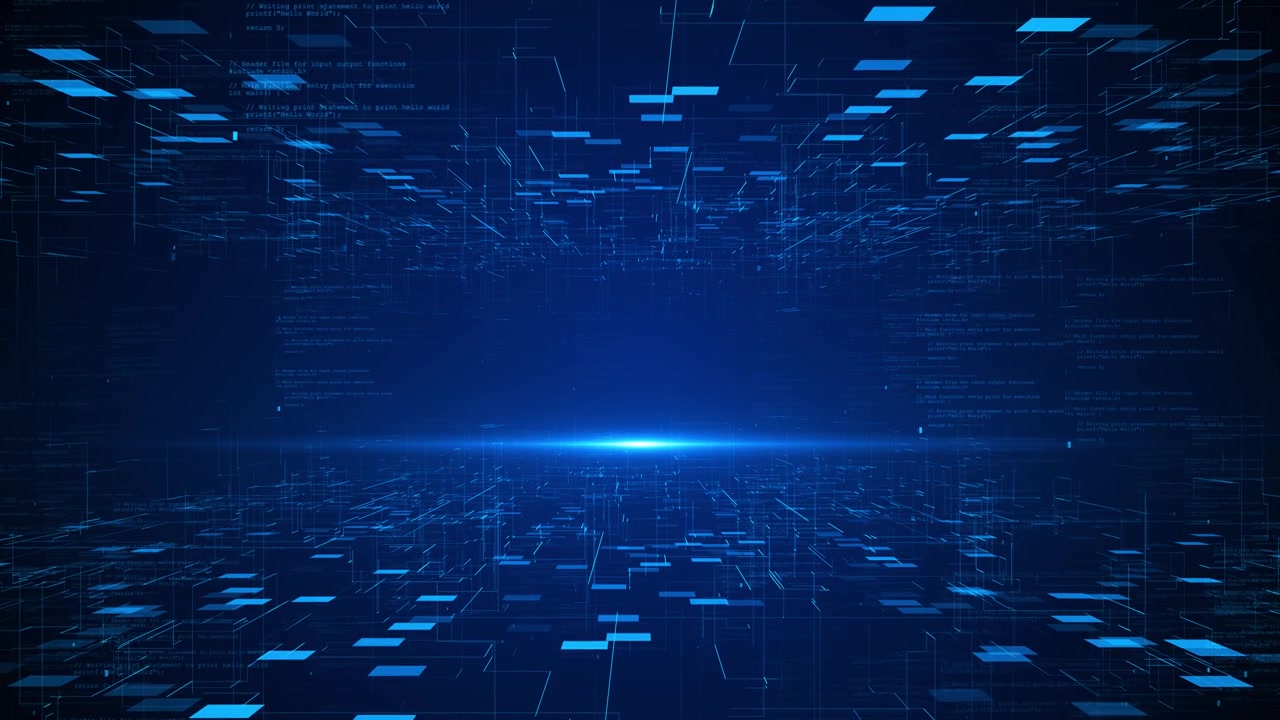 Blue digital tunnel floating panels code textures glowing deep tech perspective ai software intros