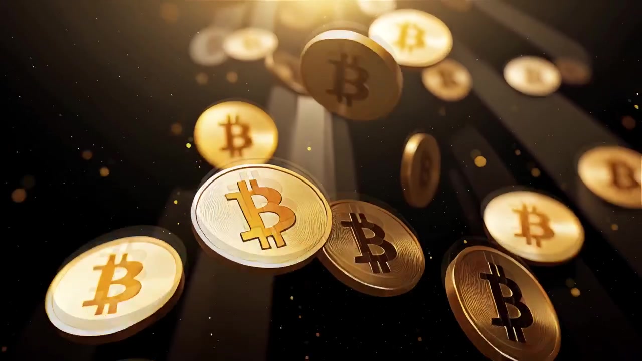 Bitcoin in rotazione su sfondo nero drammatico 4k