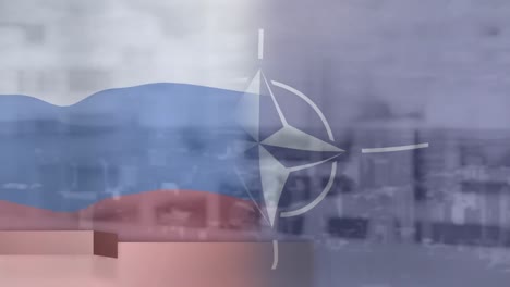 Animation-of-globe-and-breaking-news-over-flag-of-russia-and-nato