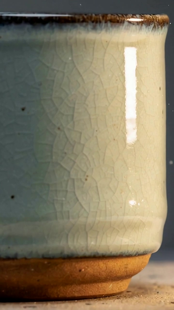 Vertical video: Shifting camera revealing ceramic cup with clay foot, light glare and dust drifting