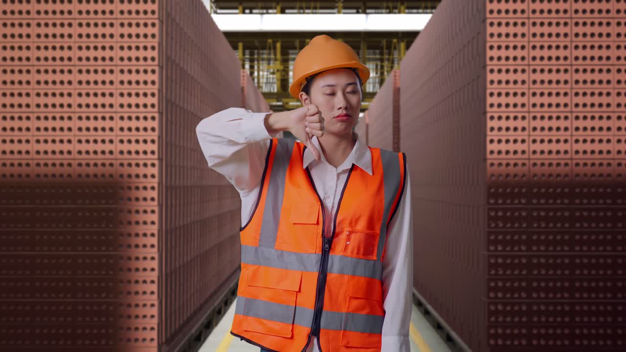 Asian Female Engineer With Safety Helmet Showing Thumbs Down Gesture And Shaking Her Head While Standing With Red Brick Packed in Stacks Are Stored