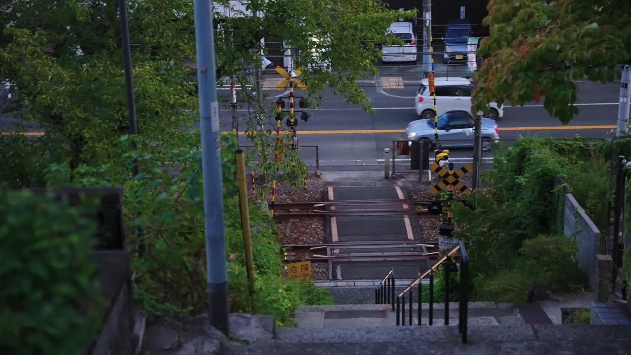 Railway Crossing and Road in Small Town, Onomichi, Japan